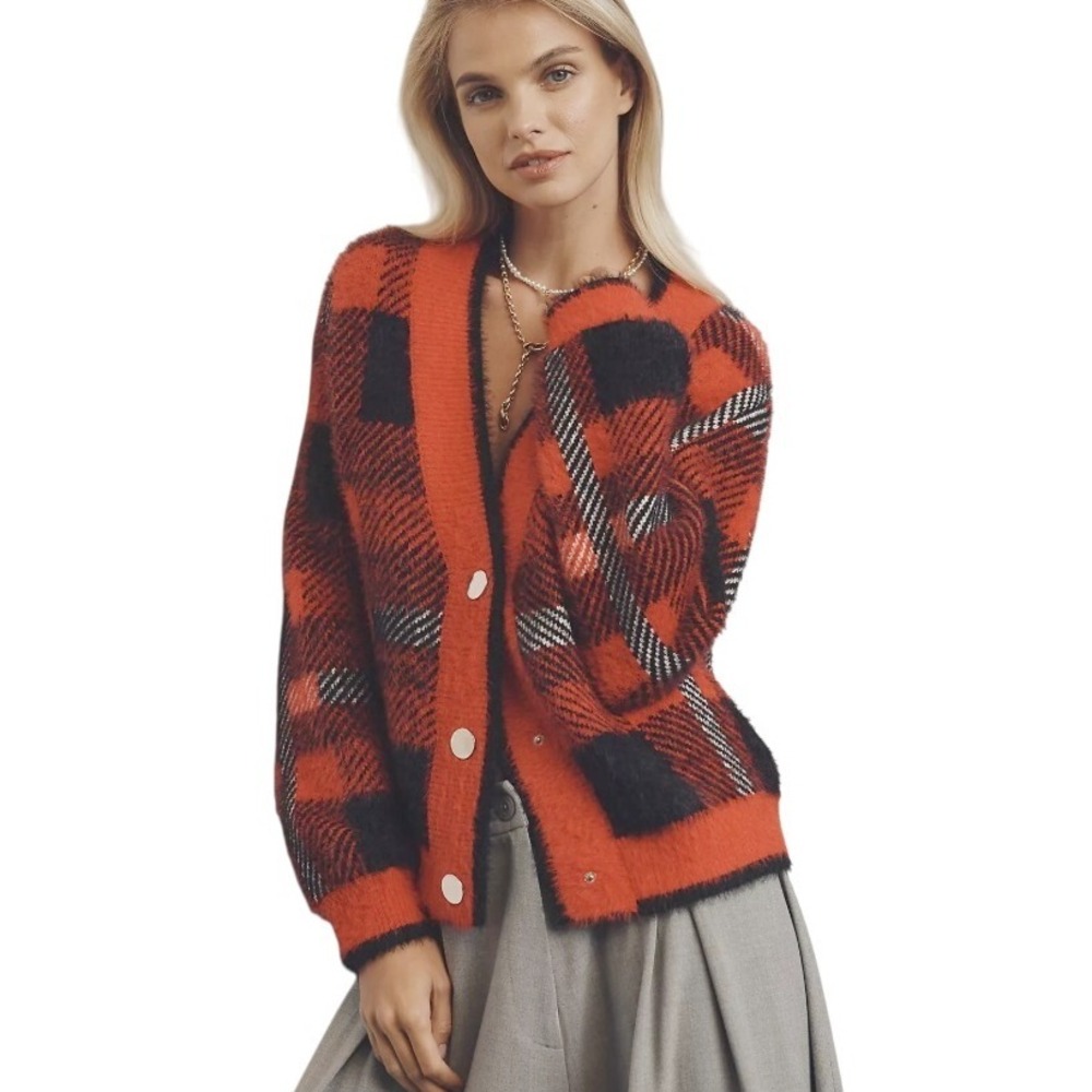 Umgee Fuzzy Plaid‎ Cardigan Red Black Buffalo Check Button Front Sweater Med